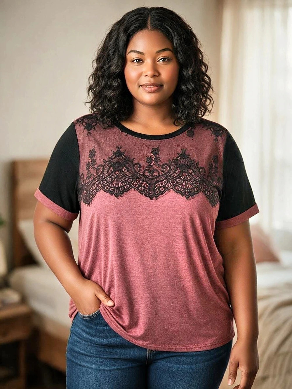 Bloomchic Stretchy Scalloped Lace Color Contrast T-Shirt Pink & Black 26